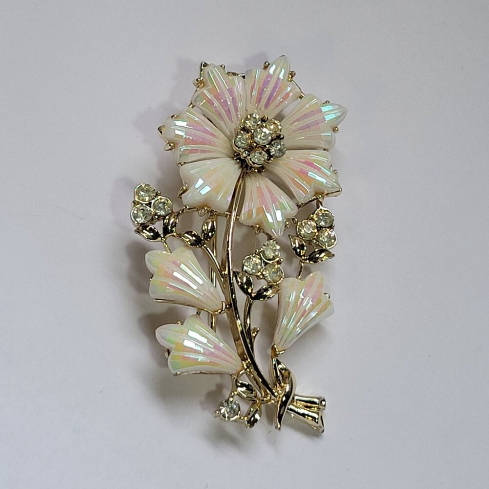 Vintage Coro Flower Brooch Iridescent AB Pegasus Rhinestones Molded Glass